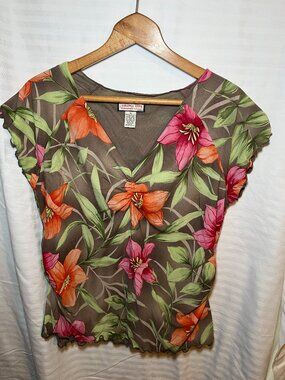 Jamaica Bay Floral Stretch Mesh Top 1X